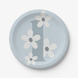 Boho Retro Daisy 1st Blue Groovy Birthday Pappteller