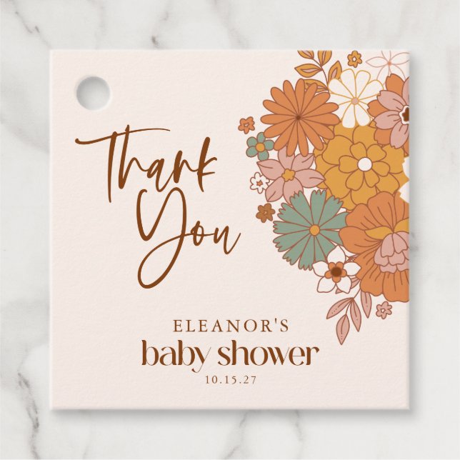 Boho Retro Floral Baby Dusche Individuelle Name Geschenkanhänger (Vorderseite)