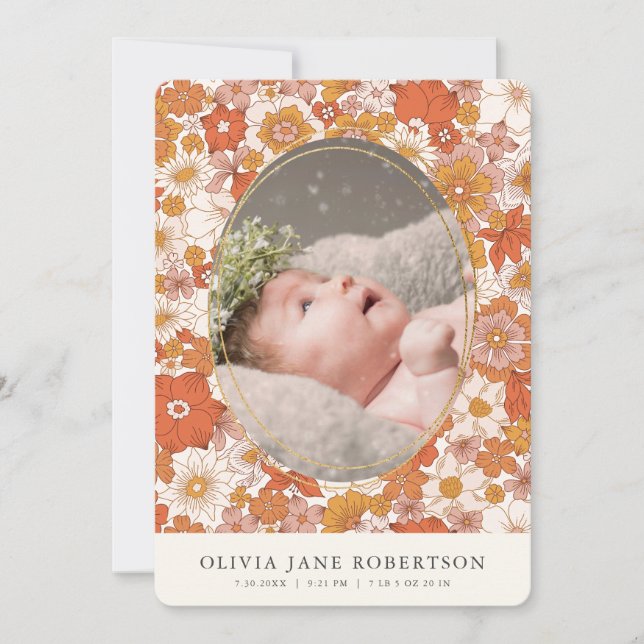 Boho Retro Floral Girl Foto Geburtserklärung Einladung (Vorderseite)