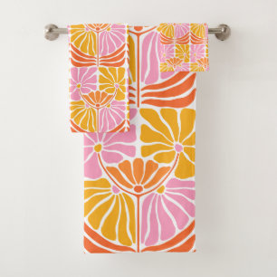 Boho Retro Floral Rosa Orange Senf Badhandtuch Set