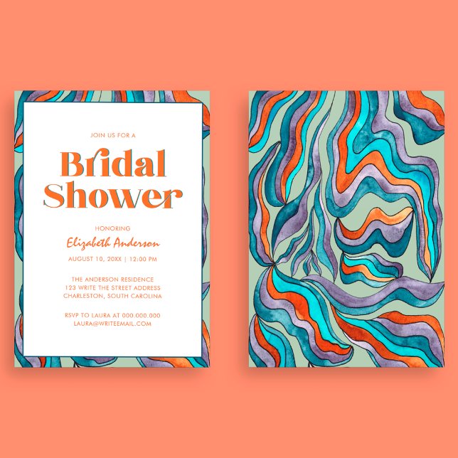 Boho Retro Green Typografy Wavy Brautparty Einladung (Front and Back)