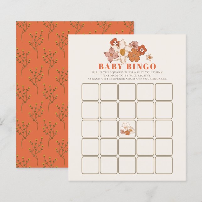 Boho Retro Groovy Floral Baby Dusche Bingo Spiel (Vorne/Hinten)