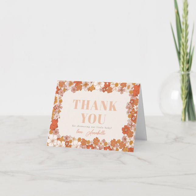 Boho Retro Groovy Floral Baby Shower Dankeskarte (Vorderseite)