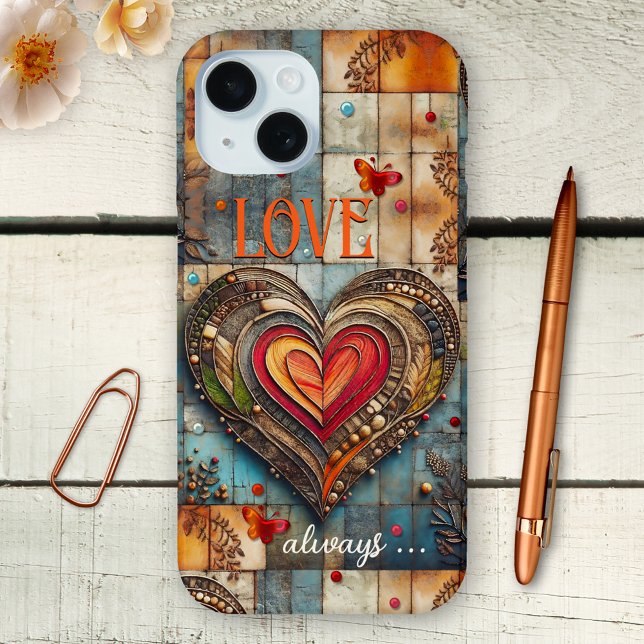 Boho Retro Heart Abstrakt Art Phone Case (Phone case featuring an abstract boho chic design with a heart, colorful pearls and butterflies)