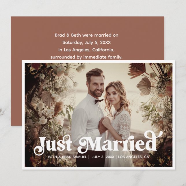 Boho Retro Just Married Foto Announccard Ankündigung (Vorne/Hinten)