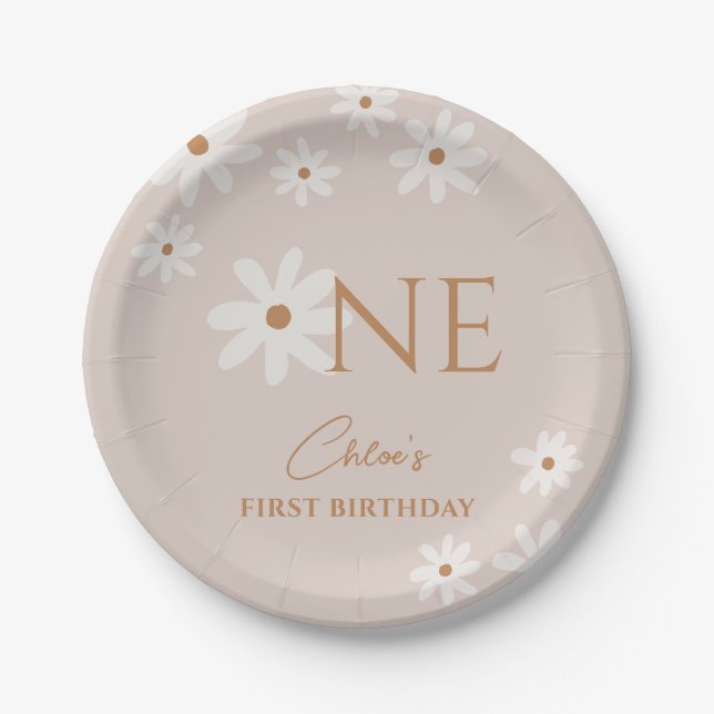 Boho Retro Light Brown Daisy Girl Erstgeburt Pappteller (Vorderseite)