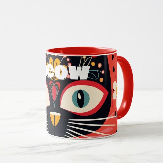 Boho Retro Mitte Jahrhundert Blumenkatze Tasse (VorderseiteRechts)
