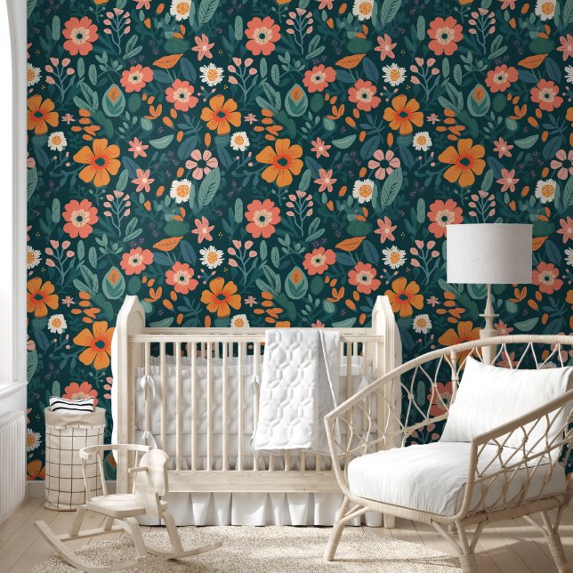 Boho Retro Orange Green Florals Blume Tapete (Kinder)