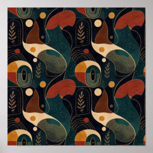 Boho Retro Organische Formen in Navy Teal Terrakot Poster