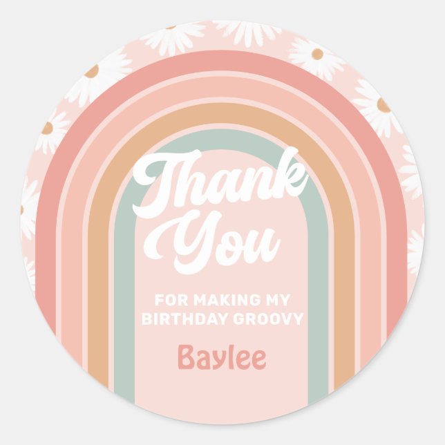 Boho Retro Rainbow Daisy Birthday Party Runder Aufkleber (Vorderseite)