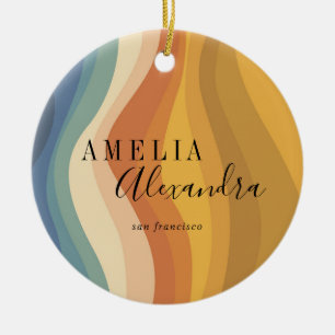 Boho Retro Schriftzug Abstrakte Wellenlinien Gelb Keramik Ornament