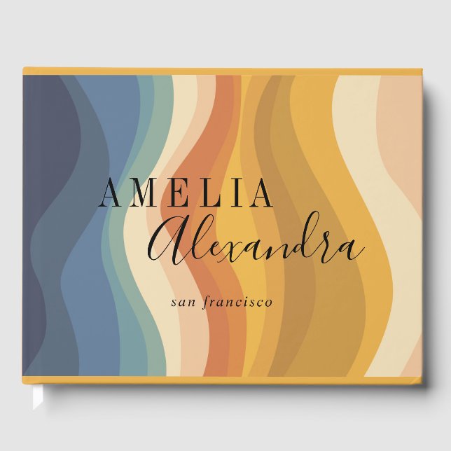 Boho Retro Script Abstrakt Wavy Lines Yellow Blue Gästebuch (Vorderseite)