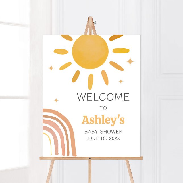 Boho Retro Sunshine Baby Dusche Willkommen Poster (Here Comes the Sun Baby Shower Welcome Sign)