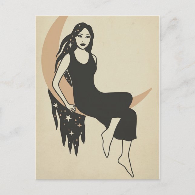 Boho retro woman sternt langen haarfreszenten Mond Postkarte (Vorderseite)