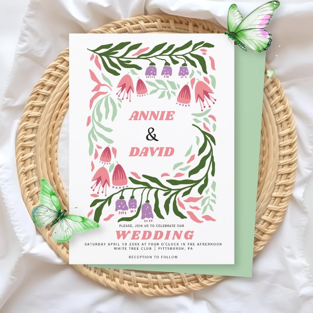 Boho Retro-Zweige und Blume QR-Code Hochzeit Einladung (Von Creator hochgeladen)