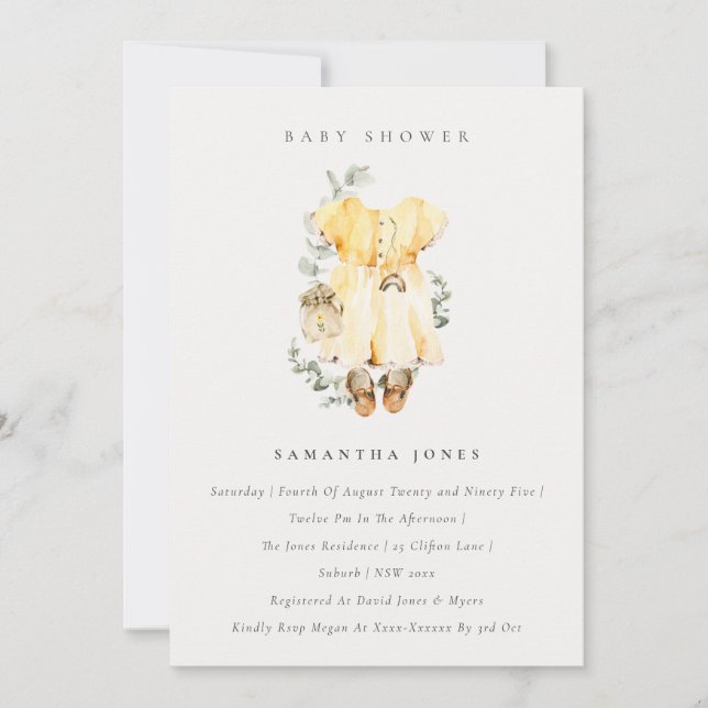 Boho Robe Jaune Foliage Fille Invitation Baby show (Devant)
