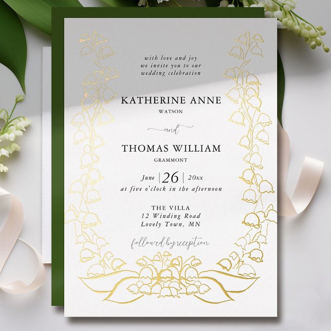 Boho Romantic Floral Sketch Lily of Valley Wedding Folieneinladung (lily of the valley wedding invitation boho romantic casual formal elegant gold foil floral sketch)
