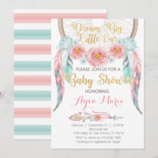 Boho rosa blaue Dreamcatcher Babyparty-Einladung Einladung (Vorne/Hinten)