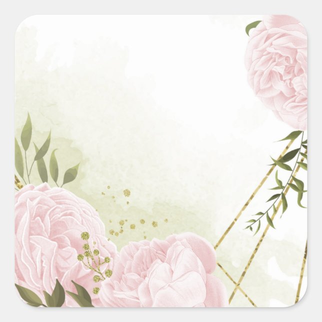 Boho rosa Blume Grüne Blätter botanisch Quadratischer Aufkleber (Vorderseite)