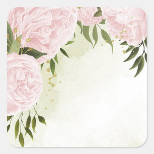 Boho rosa Blumen grüne Blätter botanisch Quadratischer Aufkleber