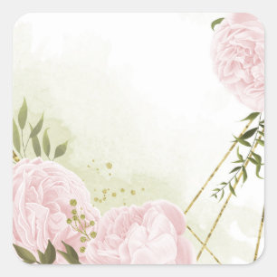 Boho rosa Blumen grüne Blätter botanisch Quadratischer Aufkleber