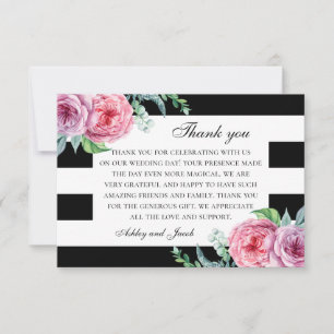 Boho rosa Blumen. Schwarz-weiße Blumenhochzeit Dankeskarte