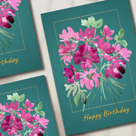 Boho-Rosa-Blumenstrauß | Wasserfarben-Blumen-Gebur Karte