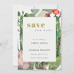 BOHO ROSA BLÜTEN WÜSTENKAKTUS BLATTWERK WATERCOLOR SAVE THE DATE