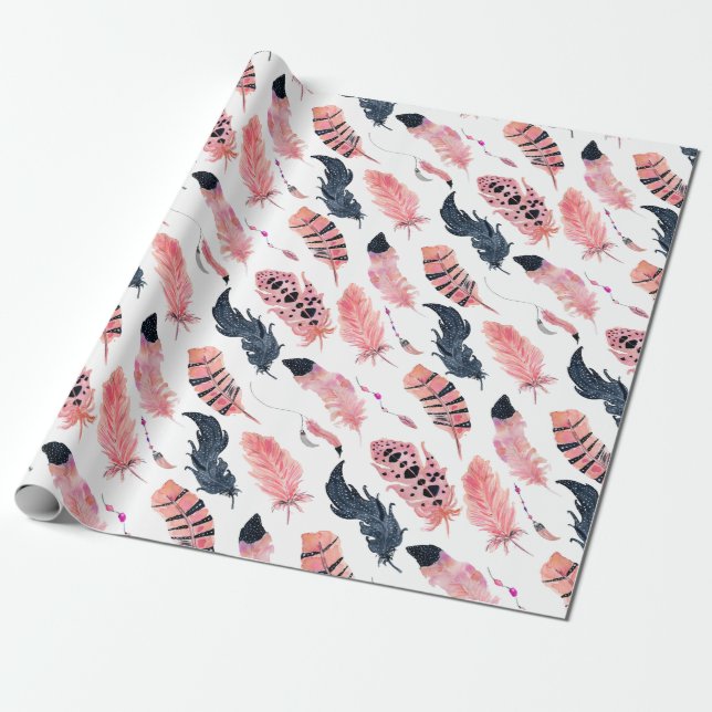 Boho rosa Federn Geschenkpapier (Ungerollt)