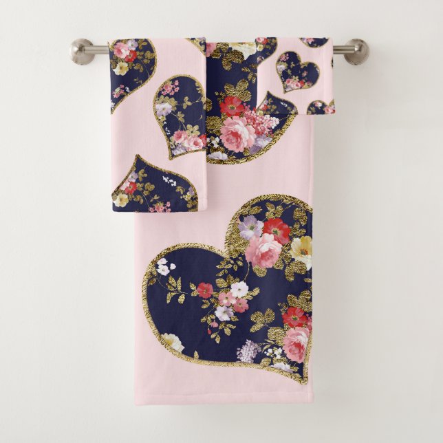 Boho rosa Marineblau Goldmedaille Blütenherzen Badhandtuch Set (Insitu)
