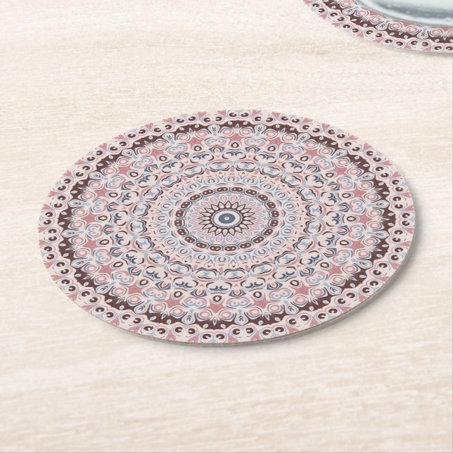 Boho-Rosa- und Blaue Mandala-Muster Runder Pappuntersetzer (Angewinkelt)