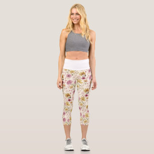 boho Rosa Wildblumen-Wasserfarbe Capri Leggings