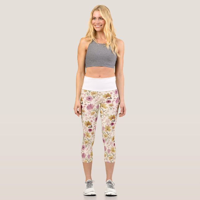 boho Rosa Wildblumen-Wasserfarbe  Capri Leggings (Vorderseite)