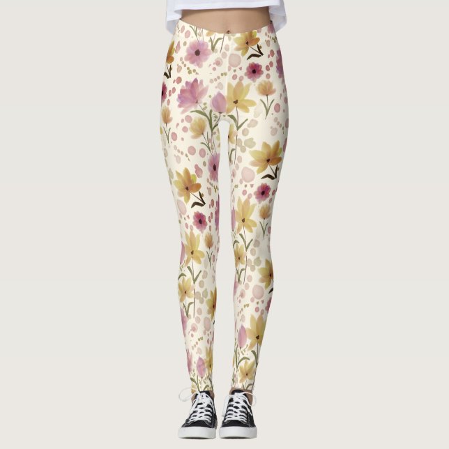 boho Rosa Wildblumen-Wasserfarbe  Leggings (Vorderseite)