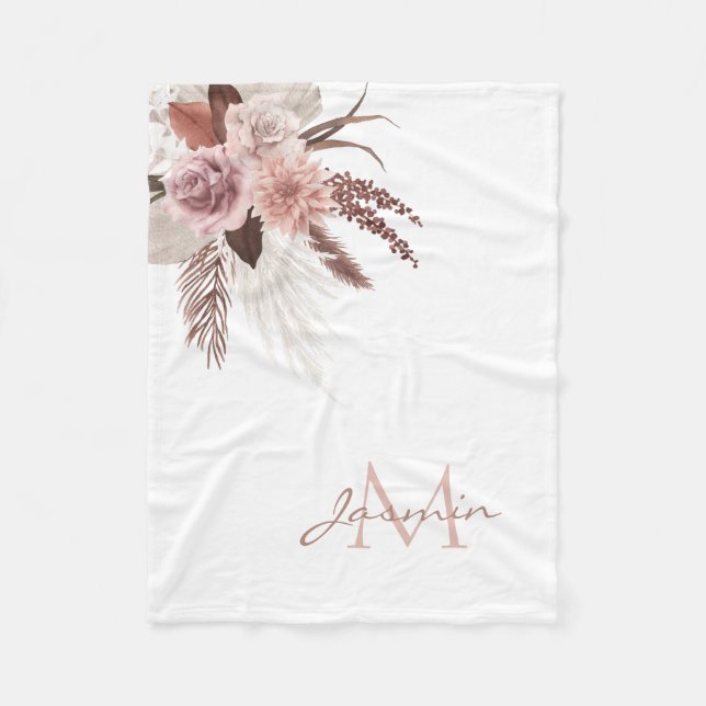 Boho Rosafarbenes Pampasgras Blumenmonogramm Fleecedecke (Vorderseite)