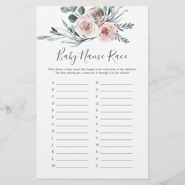 Boho Rose Baby Dusche Baby Name Race Game (Vorderseite)