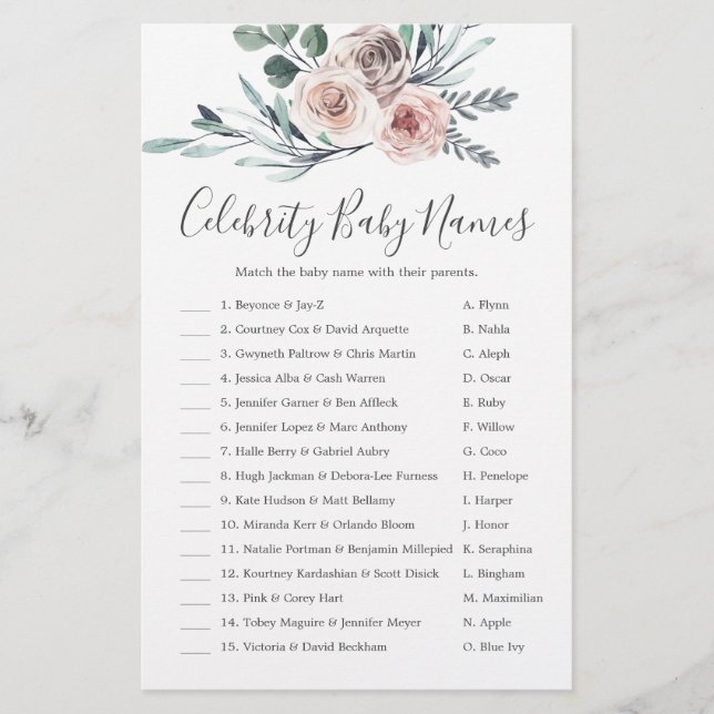Boho Rose Baby Shower Celebrity Baby Names Game (Vorderseite)