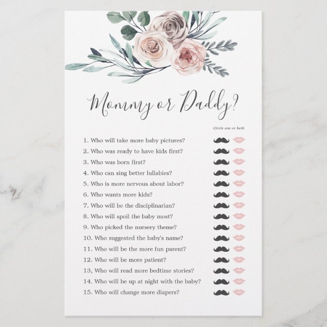 Boho Rose Baby Shower Mommy oder Daddy Game (Vorderseite)