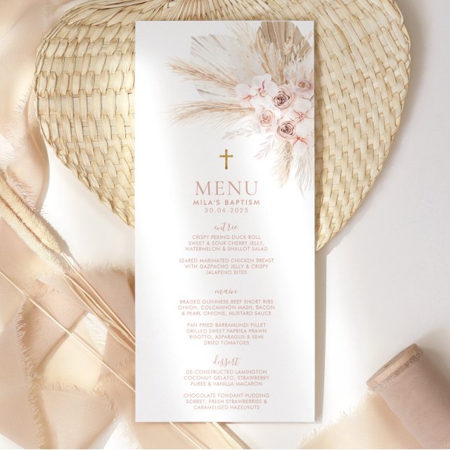 Boho Rose Floral Girls Baptism Christening Menu (Créateur téléchargé)
