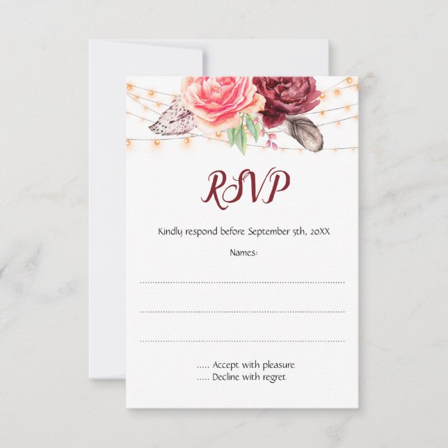 Boho Rose fühlen Lights Wedding RSVP Karte (Vorderseite)