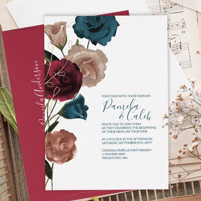 Boho Rose Gold, Aquamarin, Burgund Wedding Folieneinladung (Burgundy, Teal, Beige Roses Wedding Invitation, Rose Gold Foil Leaves, Botanical Bouquet Boho)