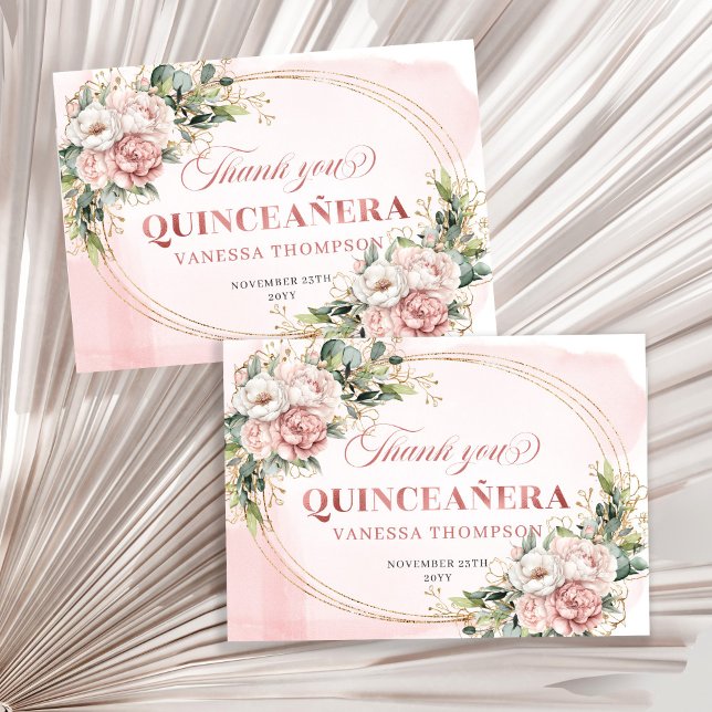 Boho Rose Gold Blush Floral Greenery Mis Quince  Dankeskarte (Boho Rose Gold Blush Floral Greenery Mis Quince Thank You)