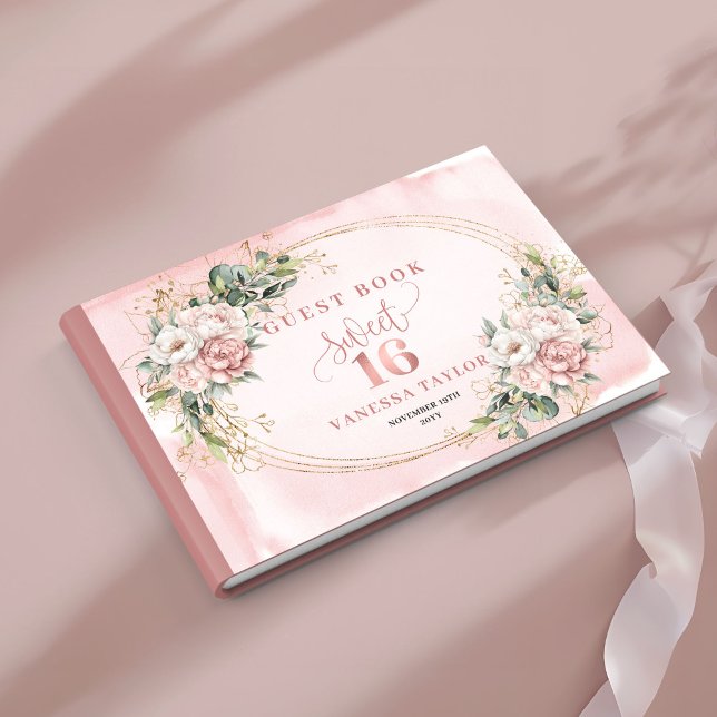 Boho Rose Gold Floral Greenery Sweet Sixteen Sign Gästebuch (Boho Rose Gold Floral Greenery Sweet Sixteen Guest Book)