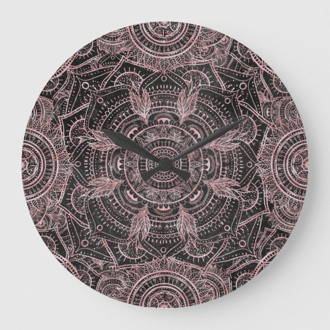 Boho Rose Gold Gray Mandala Elegantes Design Große Wanduhr (Vorderseite)