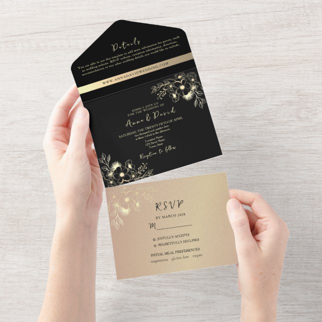 Boho Rose Gold und Black Wedding All In One Einladung (Abreißen)