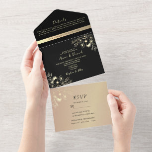 Boho Rose Gold und schwarze Hochzeit All In One Einladung