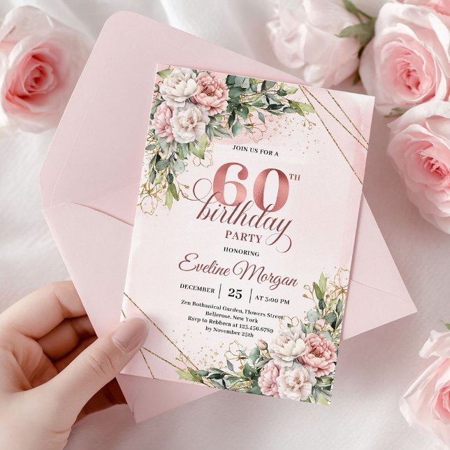 Boho Rose Gold Watercolor Floral 60th Birthday  Einladung (Boho Rose Gold Watercolor Floral 60th Birthday Invite)