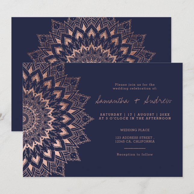 Boho Rose Goldblume Spitzen Mandala Hochzeit Einladung (Vorne/Hinten)