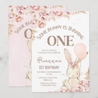 Boho rose lapin floral 1er anniversaire Invitation