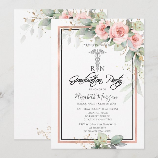 Boho Rose Nurse Graduation Party Einladung (Vorne/Hinten)